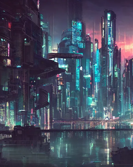 Image similar to cyberpunk city on a floating island at night by wlop, key visual, high detail, digital art