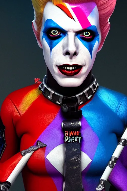 Prompt: portrait of david bowie as a harley quinn in suicide squad. intricate abstract. intricate artwork. by tooth wu, wlop, beeple, dan mumford. octane render, trending on artstation, greg rutkowski very coherent symmetrical artwork. cinematic, hyper realism, high detail, octane render, 8 k, iridescent accents