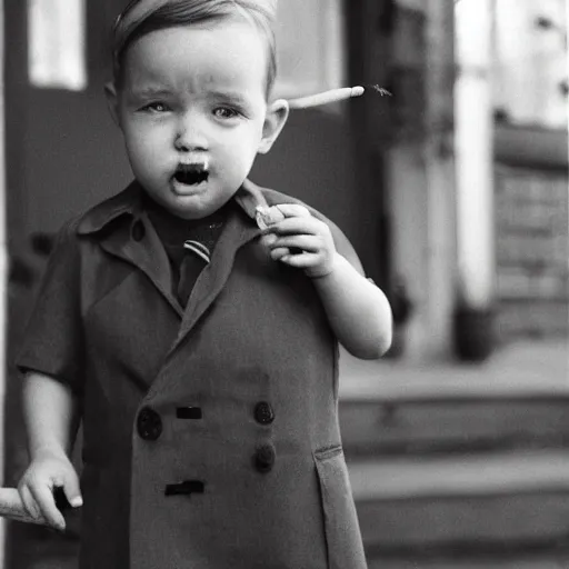 Prompt: two year old boy dressed like an old man smoking a cigar photograph