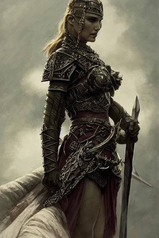 Image similar to natalie portman, legendary warrior, heroic, lord of the rings, tattoos, decorative ornaments, battle armor, by omar ortiz, valeri tsvetkov, sergio martinez, carl spitzweg, ismail inceoglu, vdragan bibin, hans thoma, greg rutkowski, alexandros pyromallis, perfect face, fine details, realistic shading photorealism