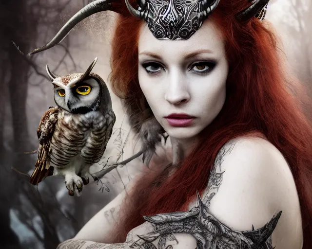 Image similar to 5 5 mm portrait photo of an armored gorgeous anesthetic redhead woman warrior with a face tattoo and horns growing from her head, and owl sitting on her shoulder in a magical forest in the style of stefan kostic, art by luis royo. highly detailed 8 k. intricate. lifelike. soft light. nikon d 8 5 0. cinematic post - processing