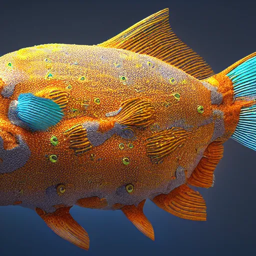 Prompt: a hyperrealistic 3 d octane render of a fish made entirely of mandelbrot fractals, unreal engine, dramatic lighting, volumetric lighting, backlit, vray lighting, ray tracing, ultra detailed, photorealism, neon, glowing