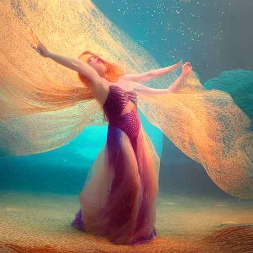 Prompt: a beautiful woman with long hair dancing underwater wearing a very long flowing dress made of many translucent layers of golden and blue and magenta lace seaweed, caustics lighting from above shines on the sandy bottom, bubbles flicker with large translucent swirling shapes in the background, octane render, cinematic, hyperdetailed