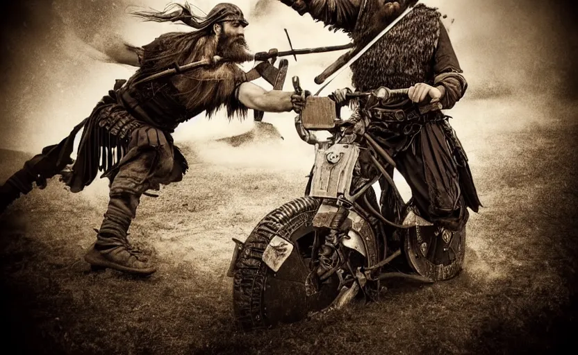 Image similar to old vintage full body photo of ancient viking warrior with full beard riding on the complex steam punk engine with one wheel, extreme sports photography ,super high speed photography, dynamic photography,symmetrical face, clean face, muscular body, high speed,dirt and grawel in air, lens flares, dust partiles in the air, dramatic lighting, intricate, highly detailed, centered, smooth, sharp focus, sports photography, old photo, black and white, sepia, cinematic lighting, cinematic angle, national geographic