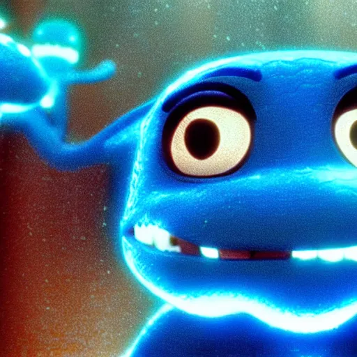 Image similar to cute smiling pixar and chibi style electric blue scaled glowing baby dinosaurs in tron movie, cinestill