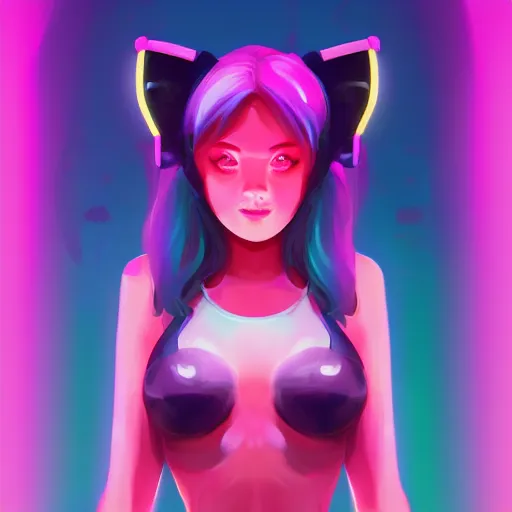 Prompt: portrait of a cute young woman with robot ears and eyes, 4k, sharp focus, neon colored fluorescent lighting, Andreas Rocha