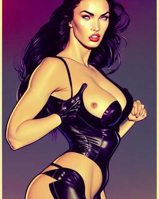 Image similar to low angle closeup very seductive megan fox retro scifi goddess pinup, vr goggles, action glamour pose, windblown dark hair, hyper detailed, digital art, studio lighting, smooth, ambient lighting, sharp focus, frank miller, wlop, anna dittmann, moebius!, alphonse mucha, patrick nagle!!!, rim lighting, synthwave