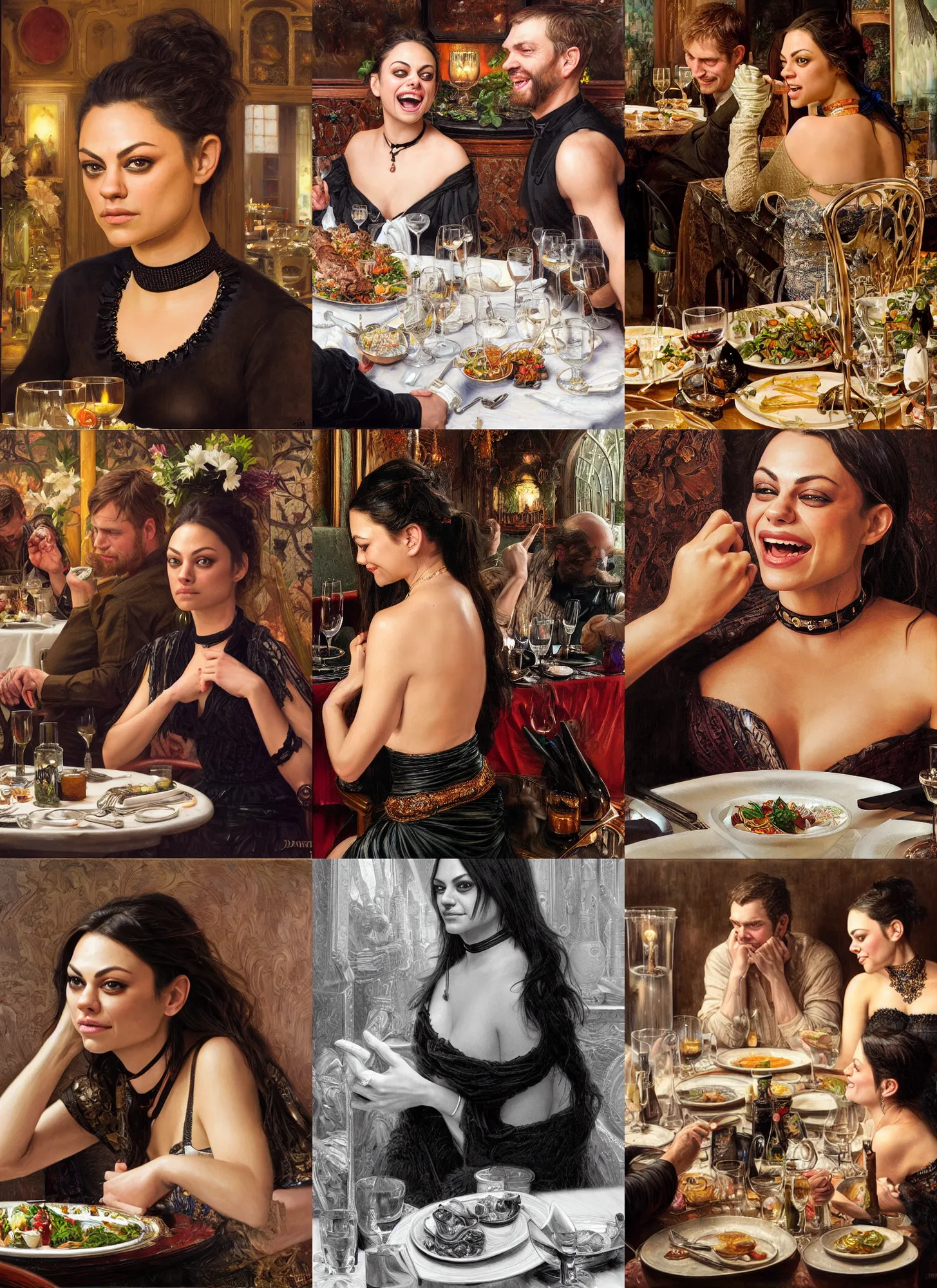 Image similar to dinner with mila kunis laughing sitting across the camera wearing a black choker staring into the camera in an expensive restaurant, point of view, intricate, elegant, tasteful, highly detailed, shallow depth of field, artgerm, donato giancola, joseph christian leyendecker