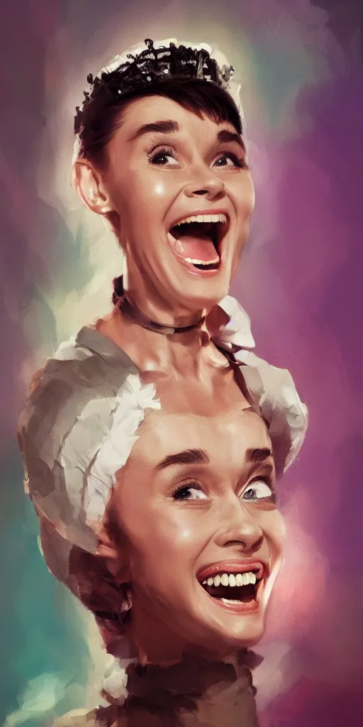 Image similar to Every Audrey Hepburn ever laughing at you, Darek Zabrocki, Karlkka, Jayison Devadas, Phuoc Quan, trending on Artstation, 8K, ultra wide angle, pincushion lens effect