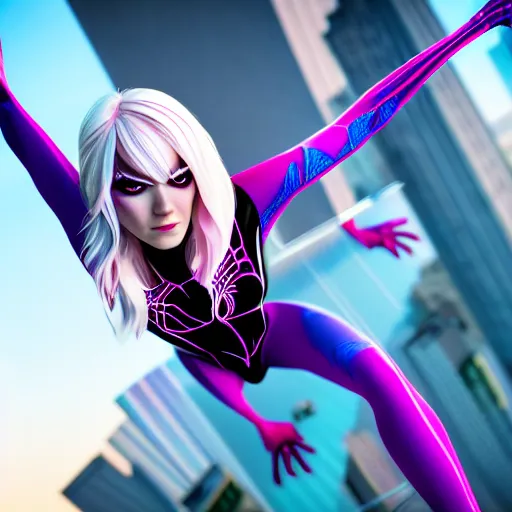 Image similar to photo of a beautiful spidergwen, highly detailed, 4k, HDR, smooth, sharp focus, hyper realistic, high resolution, photo-realistic