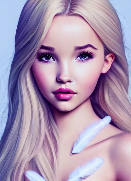 Image similar to a gorgeous female photo of a mix of dove cameron and madison beer, professionally retouched, soft lighting, wearing a feather dress, realistic, smooth face, perfect eyes, wide angle, sharp focus on eyes, 8 k high definition, insanely detailed, intricate, elegant, art by artgerm and wlop