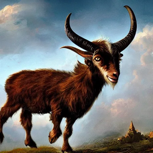 Prompt: hyperrealistic photo of a savage, deformed goat hybrid beast with ram's horns and sharp fangs, attacking a small medieval village