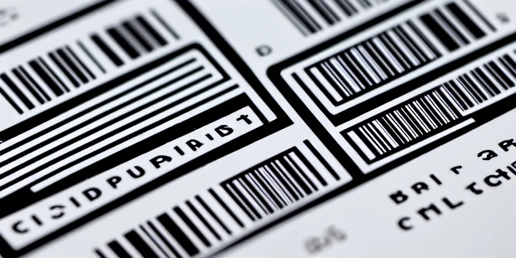 Image similar to a detailed futuristic shipping label with multiple sections for a barcode and built in chip centered on a white background