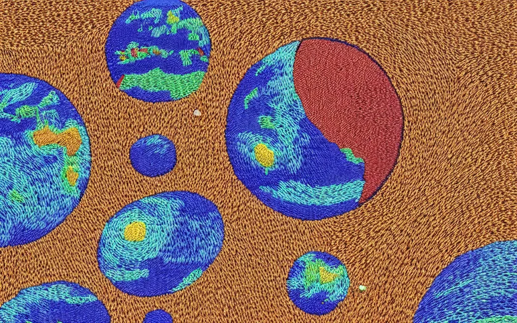Image similar to planet earth seen from very very far away with the empty cosmic landscape on the background. Retro modern art by jean giraud. embroidery.