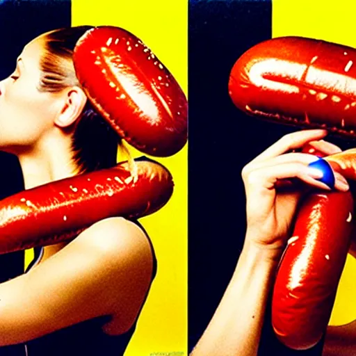 Image similar to a fashion model curls her hair using hot dogs. surreal photograph, toiletpaper magazine, 3 5 mm photograph, colourful, by pierpaolo ferrari, maurizio cattelan