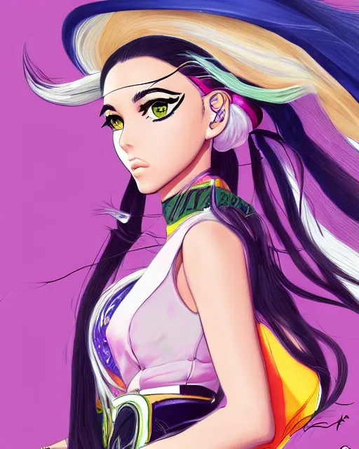 Image similar to portrait of madison beer, beautiful, elegant colorful, inspired by steel ball run manga, artstation trending, deviantart, highly detailed, focus, smooth, illustrated by hirohiko araki