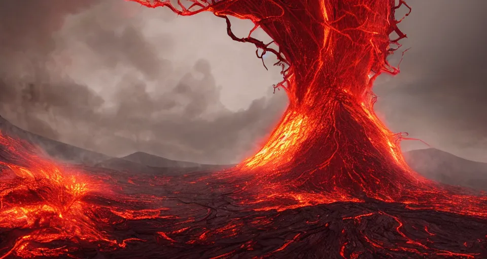 Image similar to a volcano made of ivory vines and crimson rocks enters in eruption, it spits a smoke in the shape of demonic eye, by CGSociety