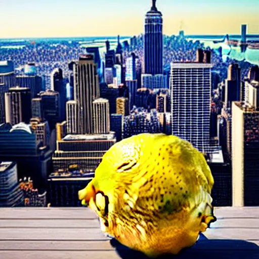 Image similar to a giant lemon overshadowing new york city skyline, photo
