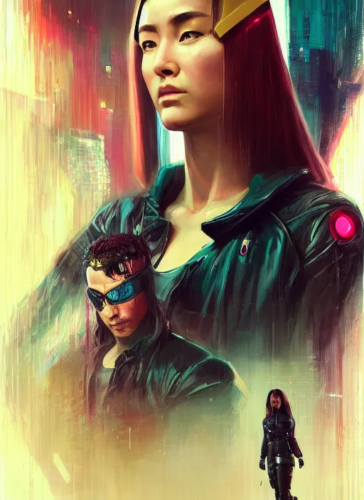 Image similar to Nikki Tanaka. Cyberpunk hitwoman in futuristic clothes (blade runner 2049, cyberpunk 2077). Orientalist portrait by john william waterhouse and James Gurney and Theodore Ralli and Nasreddine Dinet, oil on canvas. Cinematic, hyper realism, realistic proportions, dramatic lighting, high detail 4k