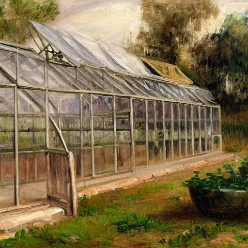 Prompt: Greenhouse in Ancient Greek | painting by Max Liebermann | trending on artstation | 8k | HD