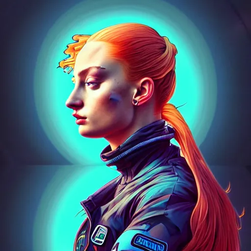 Prompt: high quality high detail portrait of a sophie turner as diesel punk character in an futuristic world, techwear, tristan eaton, victo ngai, artgerm, rhads, ross draws, hyperrealism, intricate detailed, alphonse mucha, pastel colors, vintage, artstation