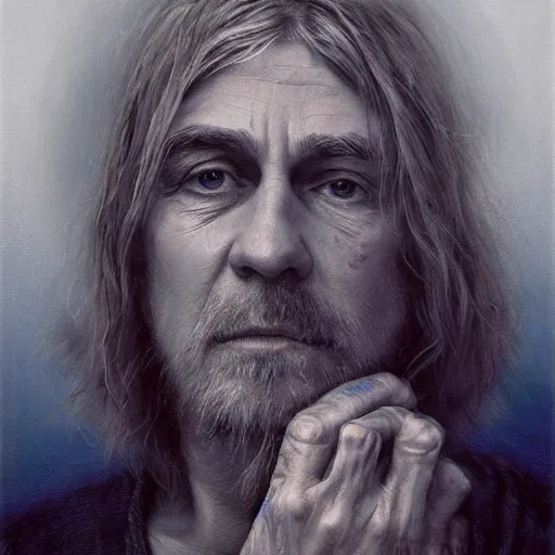 Image similar to UHD tonalism painting of an elderly, old Cosmic Kurt Cobain, by Antonio Caparo and Ferdinand Knab and Greg Rutkowski, UHD, photorealistic, trending on artstation, trending on deviantart