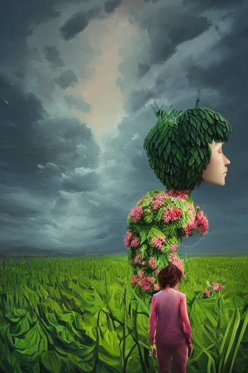 Prompt: closeup, giant flowers head, girl standing between monsteras, surreal photography, wind and cold, dramatic sky, impressionist painting, digital painting, artstation, simon stalenhag