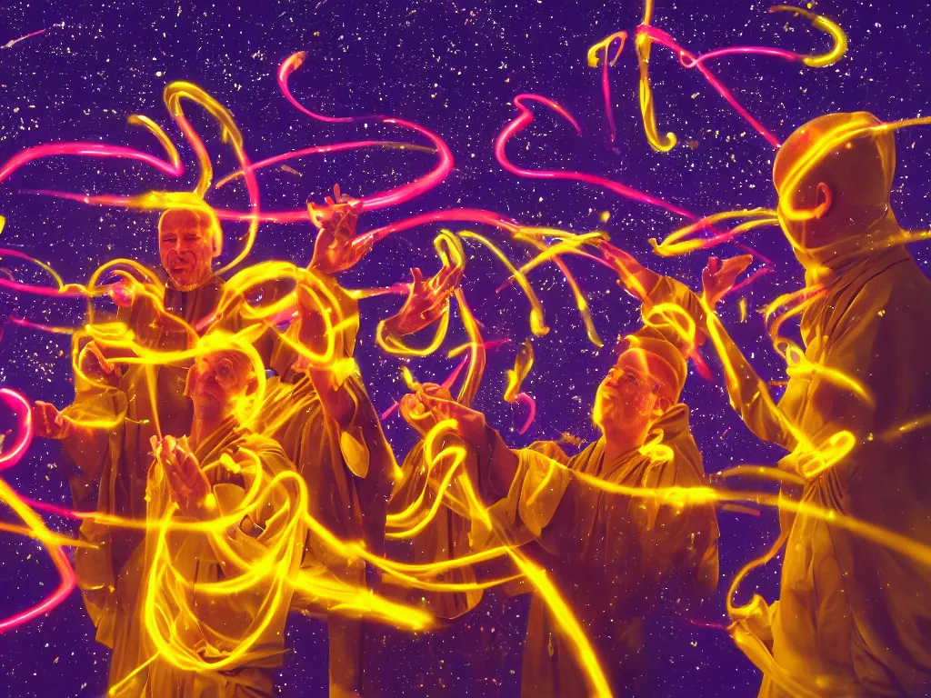 Prompt: a hyperrealistic portrait of dancing monks in space opening a bottle of glowing worms and drinking fluorescent liquid , 8k