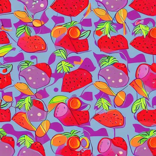 Prompt: repeating wallpaper pattern of fruit. Cinematic, volumetric lighting. Scene from 1971 film Willy Wonka & the Chocolate Factory