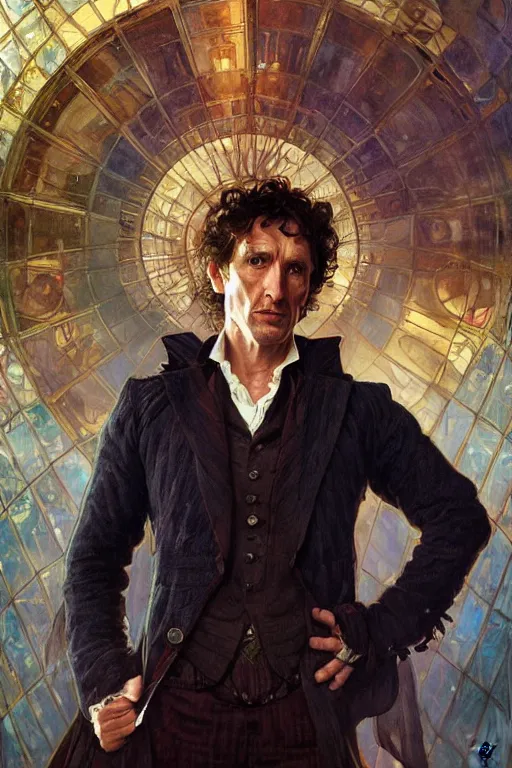 Prompt: The Eighth Doctor standing next to the TARDIS, portrait by Stanley Artgerm Lau, greg rutkowski, thomas kindkade, alphonse mucha, loish, norman Rockwell