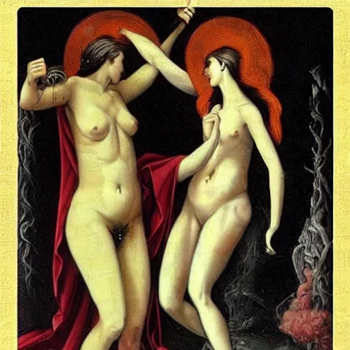 Image similar to “ eve and lilith arguing, biblical, realistic, vivid, artistic ”