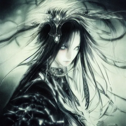 Prompt: Yoshitaka Amano blurred and dreamy illustration of an anime girl with black eyes, wavy white hair and cracks on her face wearing Elden ring armour with the cape fluttering in the wind, abstract black and white patterns on the background, noisy film grain effect, highly detailed, Renaissance oil painting, weird portrait angle