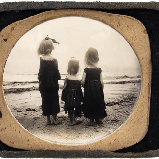Image similar to a faded and blurred wet plate collodion photo of a Victorian seaside scene, twin girls and an older brother paddle in the lapping waves, watched by their nanny standing on the beach