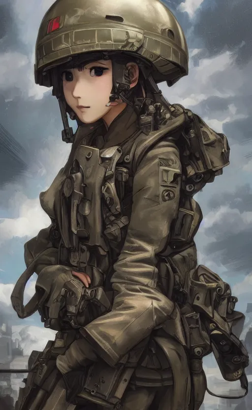 Image similar to front portrait of mechanized soldier girl, anime style, urban in background, soldier clothing, combat helmet, short hair, hair down, symmetrical facial features, from arknights, hyper realistic, 4 k, rule of thirds, extreme detail, detailed drawing, trending artstation, hd, d & d, realistic lighting, by alphonse mucha, greg rutkowski