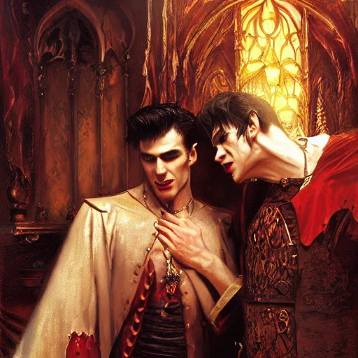 Image similar to attractive male, arthur pendragon confesses his love to attractive male dracula the vampire. highly detailed painting by gaston bussiere, craig mullins, j. c. leyendecker 8 k