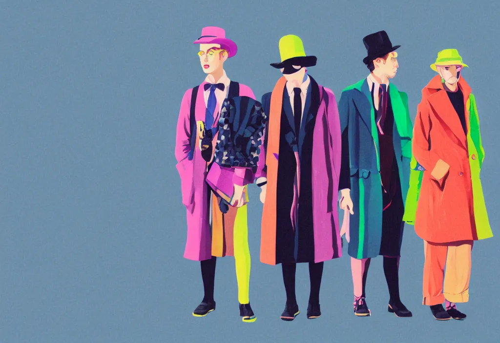 Image similar to full body portrait of a trio of young fashionable european tourists long pattern coat travel apparel, with nikon cameras, sightseeing various poses shooting photos, character designs painting, in the style of wes anderson, rene magritte, lola dupre, david hockney, isolated on white background, dark monochrome neon spraypaint accents volumetric octane render