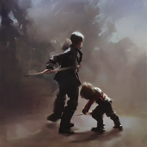 Image similar to a sword fight between a man and his much younger kid brother. Ruan Jia, Phil Hale