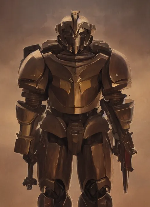 Image similar to medium-length portrait of a male paladin with short curly hair and a dark beard, dark brown skin, happy expression, wears a suit of power armor, gundam, medieval setting, highly detailed, digital painting, artstation, concept art, sharp focus, illustration, art by greg rutkowski and alphonse mucha