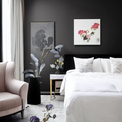 Prompt: bedroom, interior design, stylish luxury hotel bedroom design, feminine, lesbian, black walls, art, vase with flowers, Japanese and Scandinavian influences