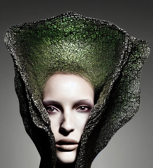 Image similar to photography face portrait of one female fashion model in rainforest, wearing one organic futurist cape designed by iris van herpen,, photography by paolo roversi nick knight, helmut newton, avedon, and araki, sky forest background, natural pose, highly detailed, skin grain detail