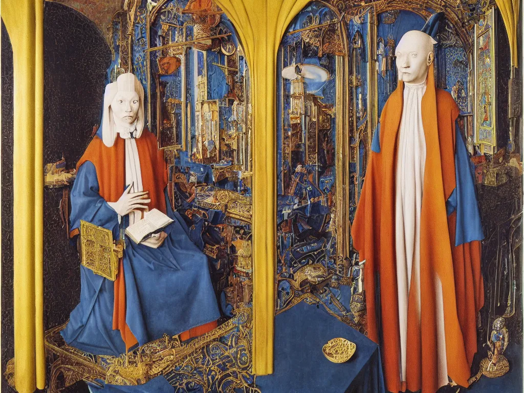 Image similar to Portrait of albino mystic with blue eyes, with Catholic reliquary. Painting by Jan van Eyck, Audubon, Rene Magritte, Agnes Pelton, Max Ernst, Walton Ford