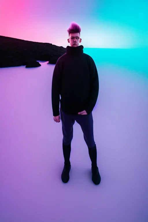 Image similar to high quality pastel coloured film wide angle selfie photograph of a plain male cyber boy standing in an icelandic black rock environment. sarcastic expression. three point light. photographic. art directed. pastel colours. volumetric light. stark. waves glitch. 8 k. filmic.