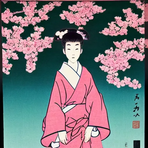 Image similar to A beautiful installation art of a young woman in a traditional kimono, with a background of sakura blossoms. emerald by Osamu Tezuka