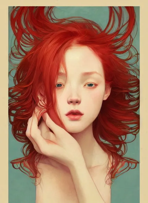 Image similar to colourful upper half portrait of a beautiful red - hair girl - art by tenmyouya hisashi, hsiao - ron cheng & alphonse mucha, highly detailed, digital painting, illustration, smooth, sharp focus, intricate, symmetry, pinterest, behance, artstation