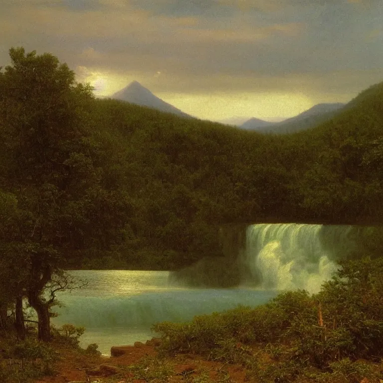 Prompt: hudson river school painting, Albert Bierstadt, naturalism, great river, Phragmites, steep mountains, incoming storm
