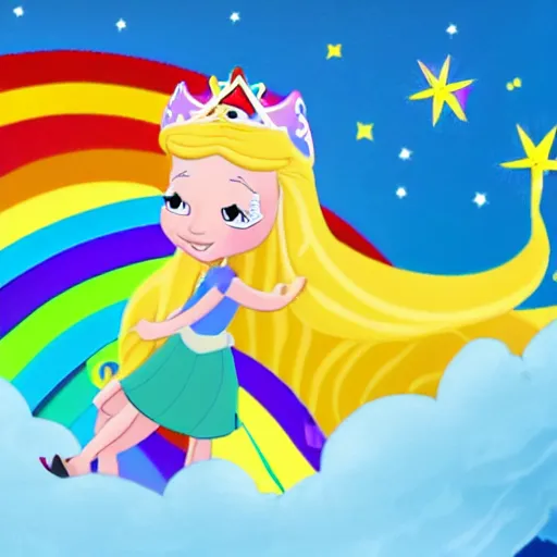 Prompt: a princess with extremely long blond hair from a cartoon riding a unicorn over a rainbow render as old Disney cartoons