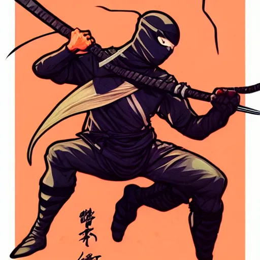 Image similar to concept art design illustration, ninja!!!, 1 6 colors, logo, ink drawing, art by jc leyendecker and sachin teng