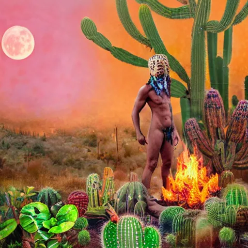 Prompt: spartan in jungle surrounded by cacti, shaman offering peyote, camp fire, full moon with stars, psychedelic surrealism in hyper realistic photo