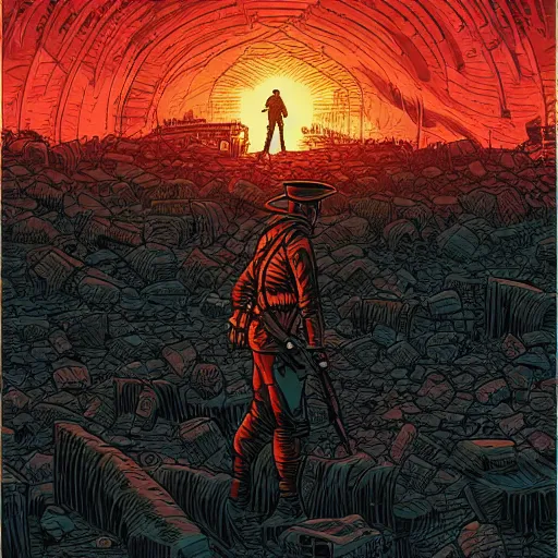 Prompt: a lone soldier walks along a line in a ruined city by dan mumford