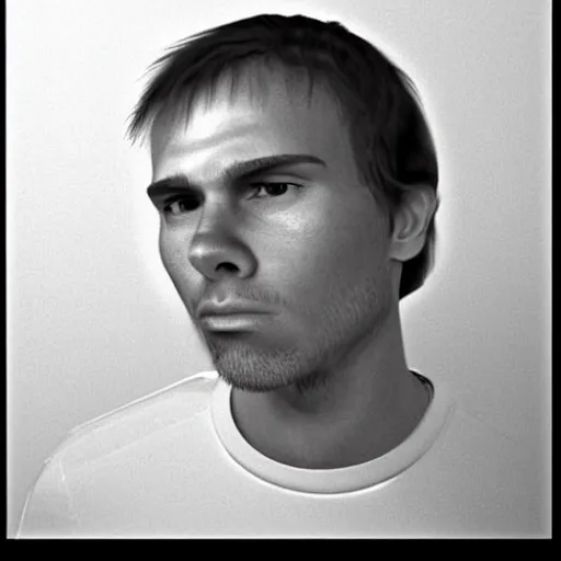 Prompt: A mugshot portrait of a man who looks like Jerma985 with short length wavy hair and a slightly receded hairline and bangs, wearing mid 1980s menswear in the late 1980s, taken in the late 1980s, grainy, realistic, hyperrealistic, very realistic, highly detailed, very detailed, extremely detailed, detailed, trending on artstation, front facing, front view, headshot and bodyshot, detailed face, very detailed face